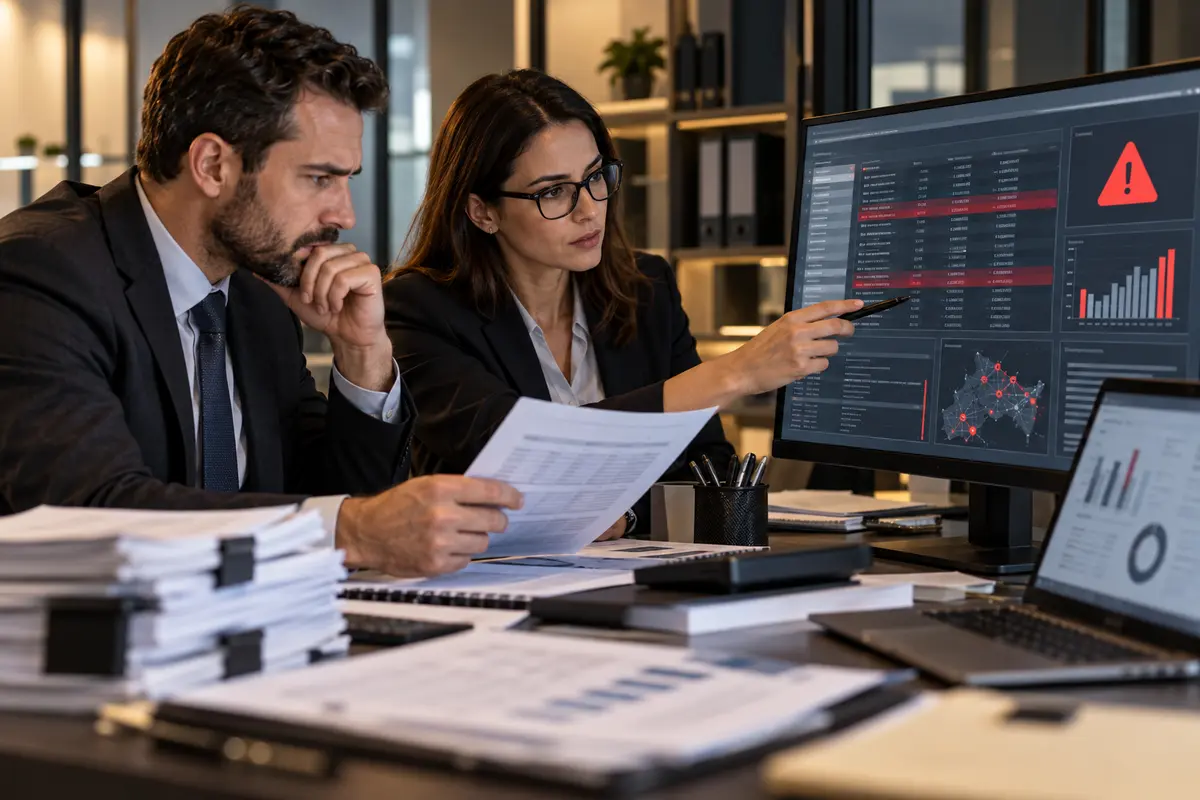 Equipe de auditoria analisa alertas em compensações tributárias digitais