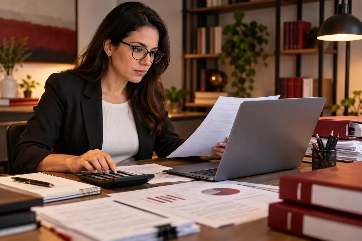 Profissional contábil revisa documentos de prestação de contas eleitoral