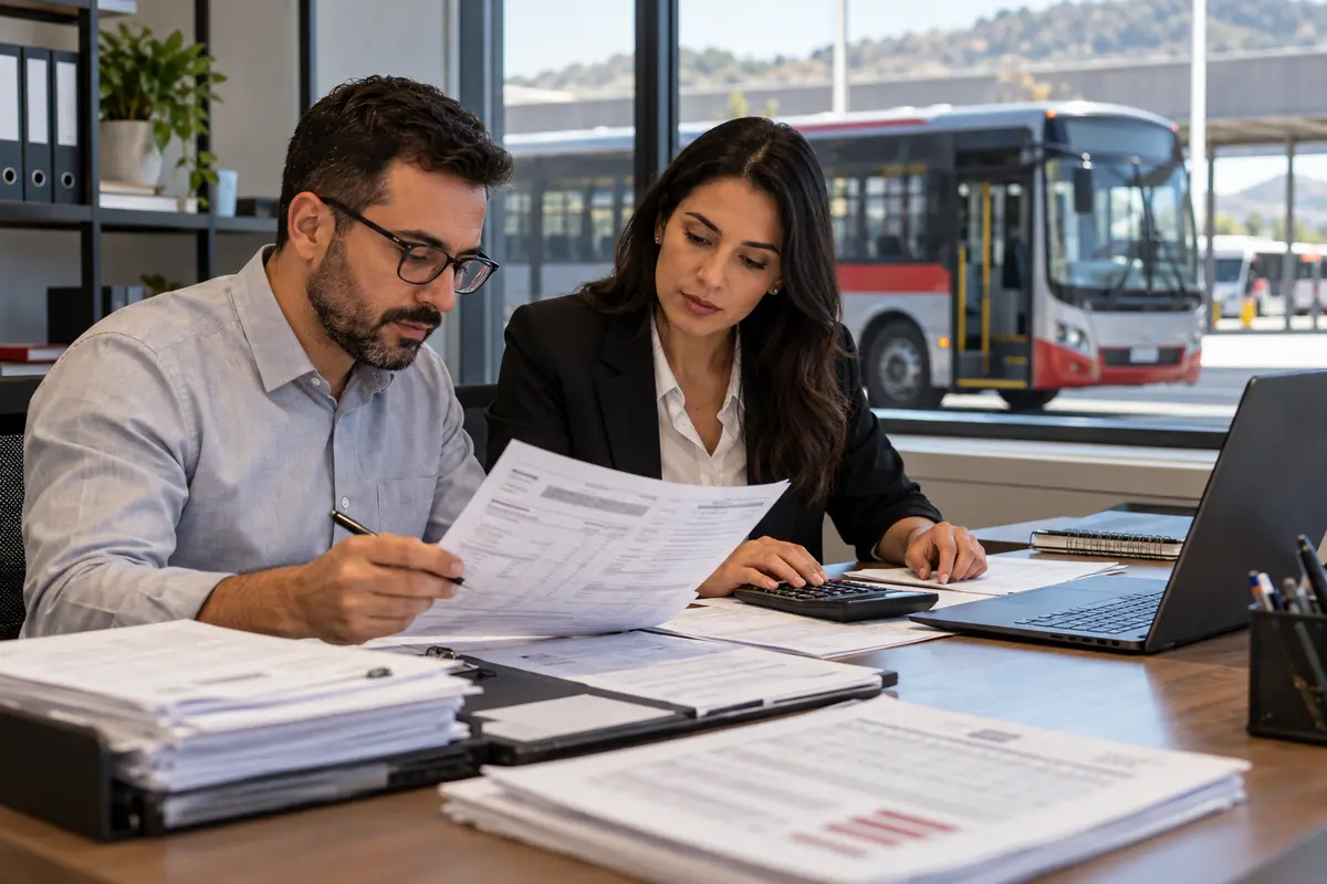Equipe de transporte público confere notas de diesel e cálculo de ICMS em Minas Gerais
