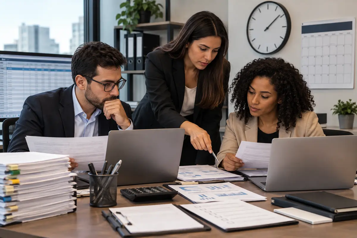 Equipe contábil revisa calendário e checklist de obrigações fiscais de fim de mês