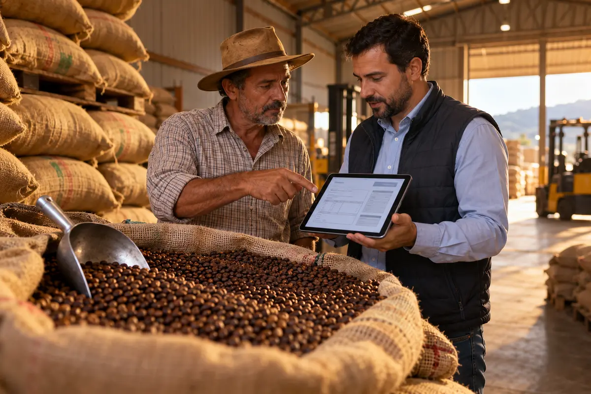Produtor de café e representante de cooperativa conferem documento fiscal em armazém mineiro