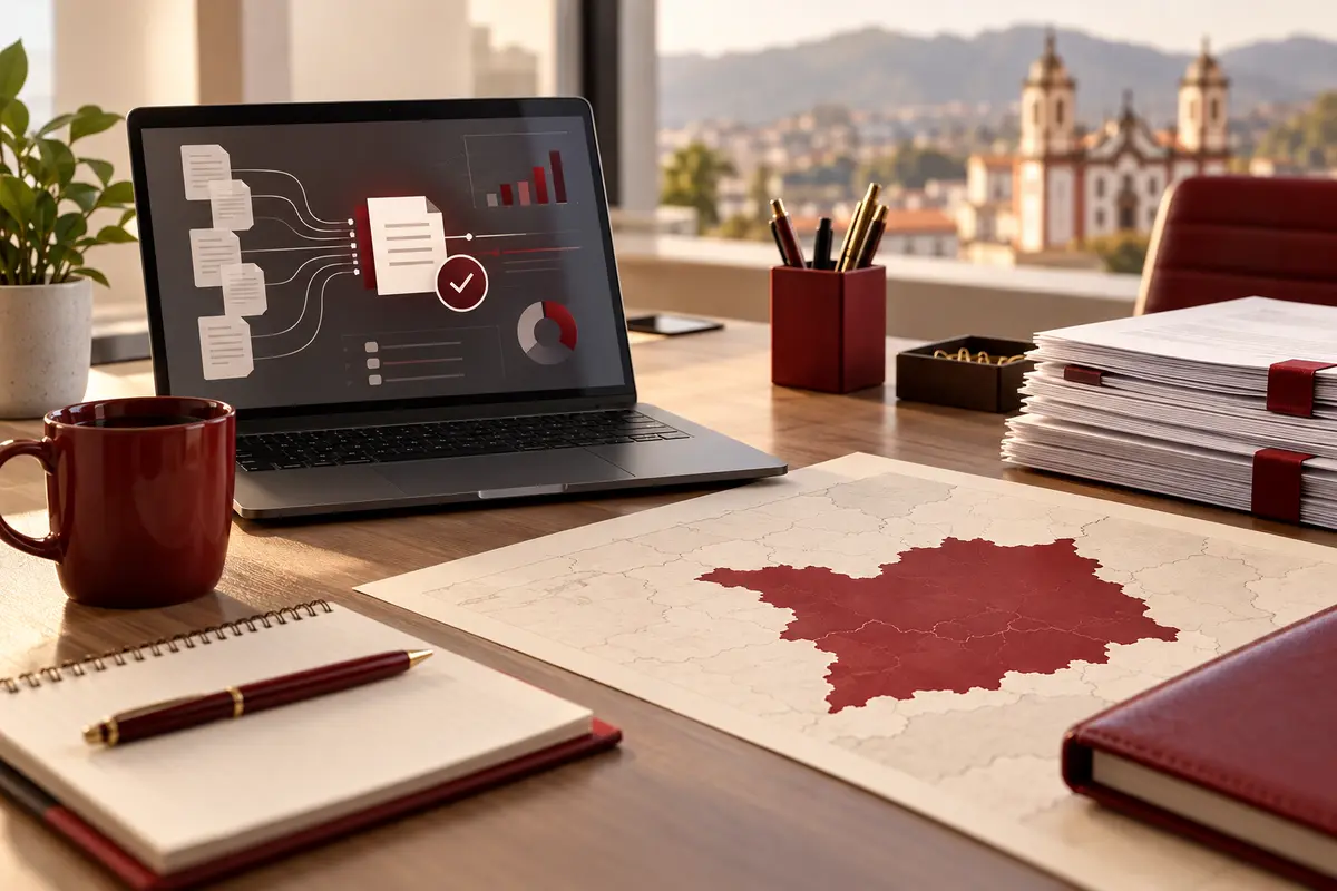 Mesa de escritório com computador, documentos fiscais e referência visual a Minas Gerais