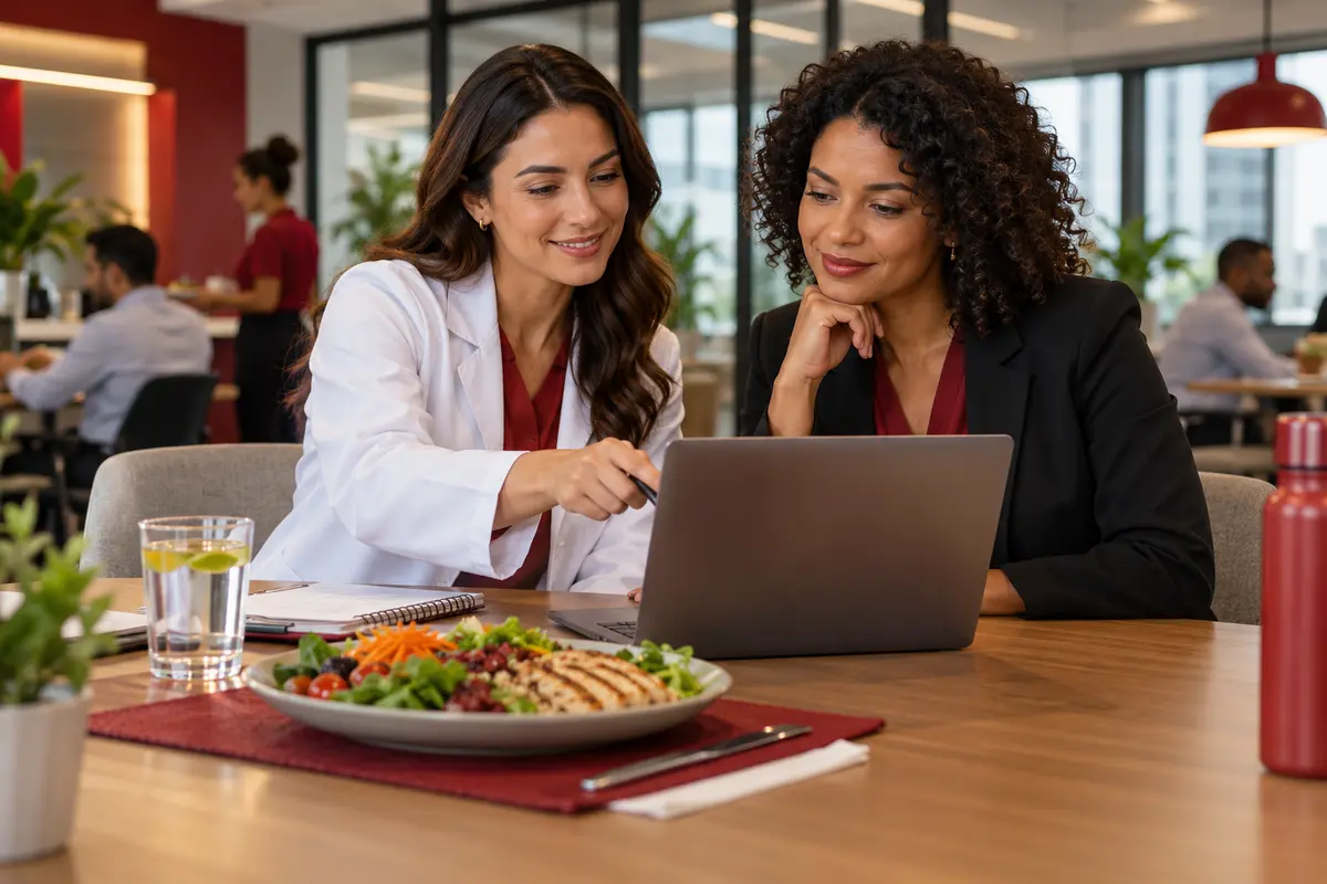 Nutricionista e gestora de recursos humanos revisam cadastro digital do programa de alimentação