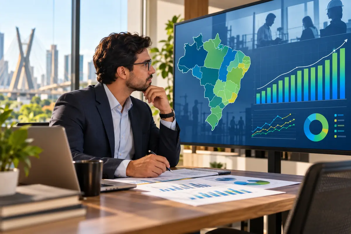 Analista acompanha mapa do Brasil e indicadores de crescimento do emprego formal