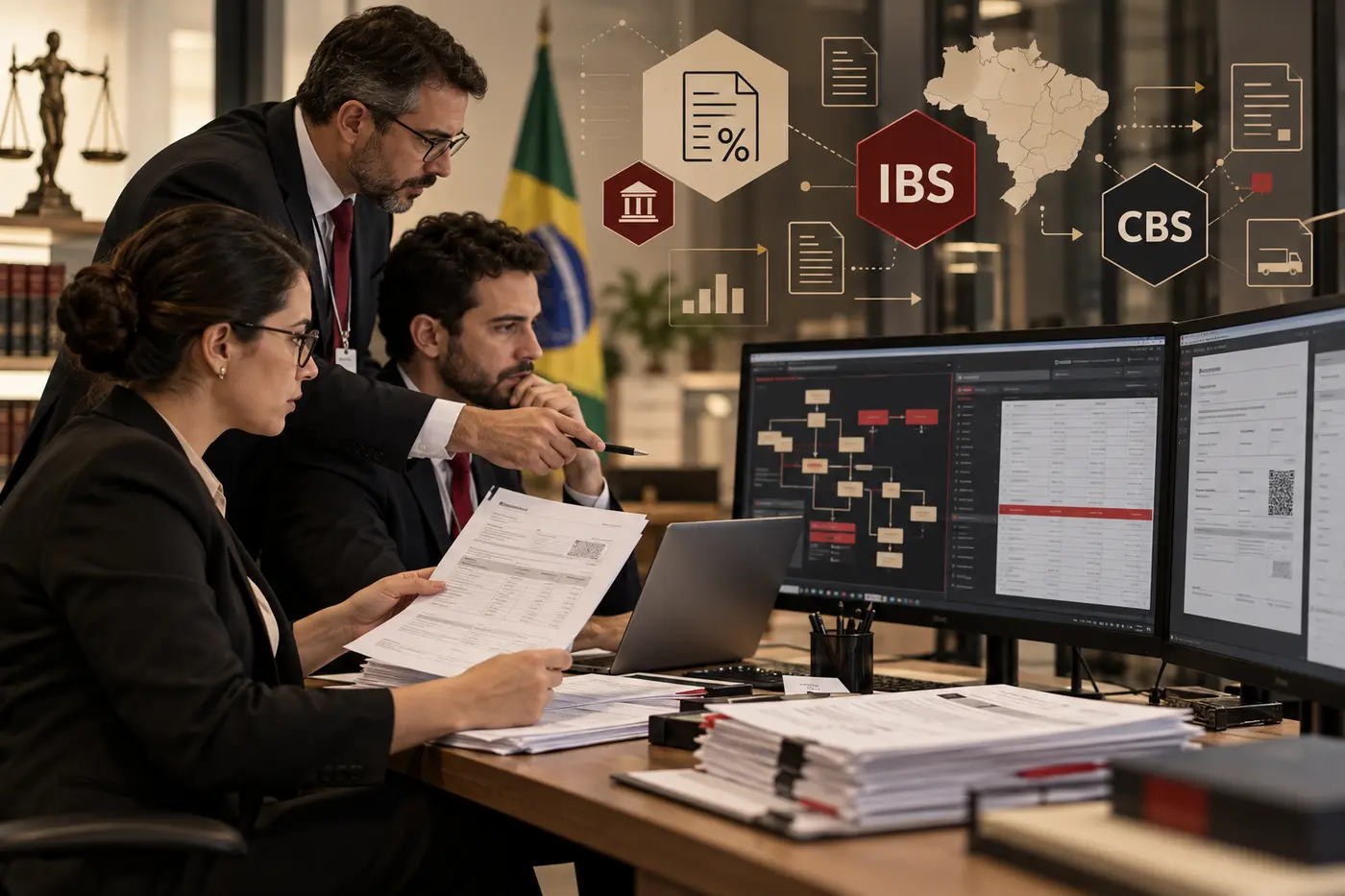 Equipe fiscal revisa classificações tributárias e documentos eletrônicos em sistema de gestão