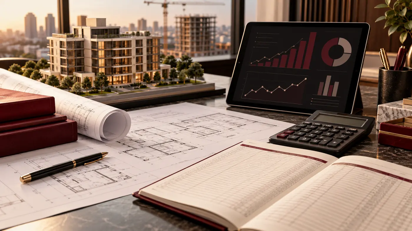 Projetos imobiliários, calculadora e painel financeiro em ambiente de capacitação