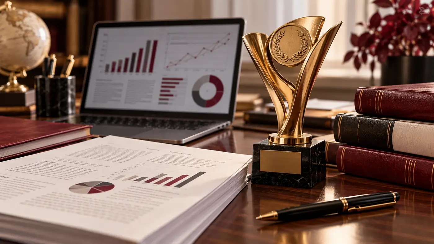 Troféu ao lado de artigo acadêmico e gráficos de pesquisa contábil