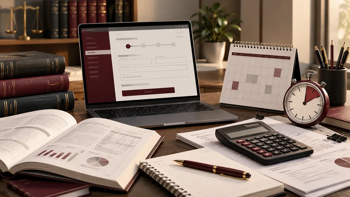 Mesa de estudos contábeis com formulário de inscrição, calendário e cronômetro