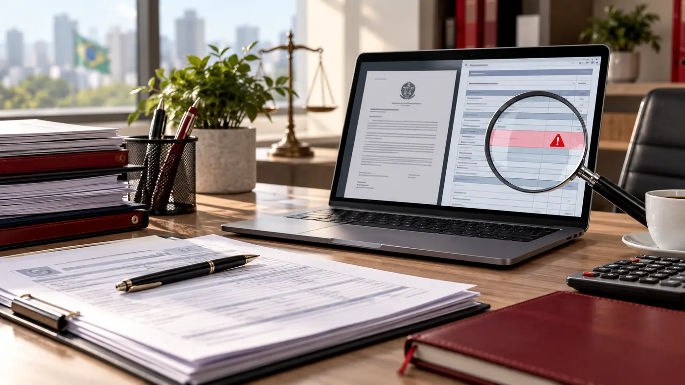 Declaração de imposto de renda analisada com lupa e alerta de pendência