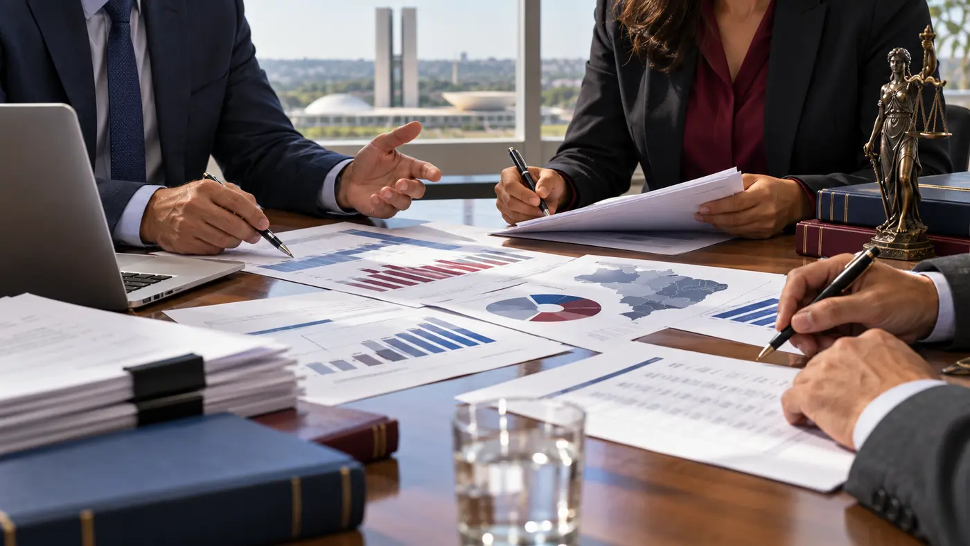Profissionais revisando minutas e gráficos de receitas e transferências públicas