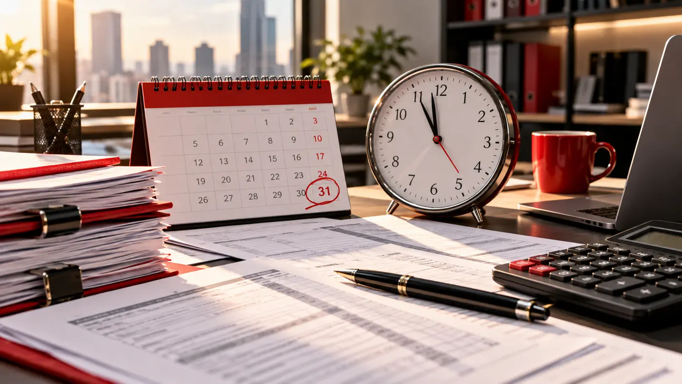 Calendário, relógio, calculadora e documentos representam prazo tributário