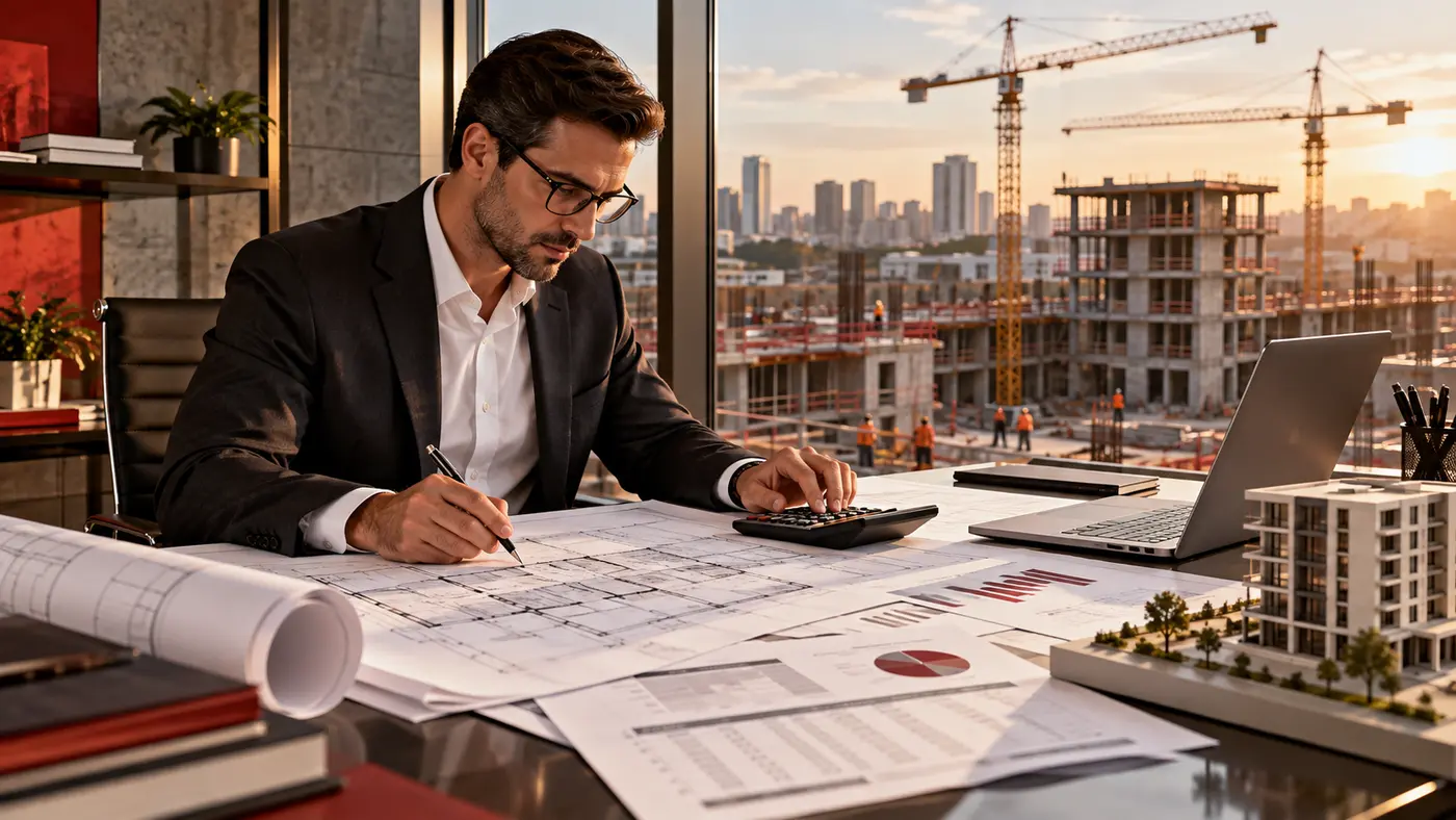 Profissional analisa custos, plantas e demonstrações de empreendimento em construção