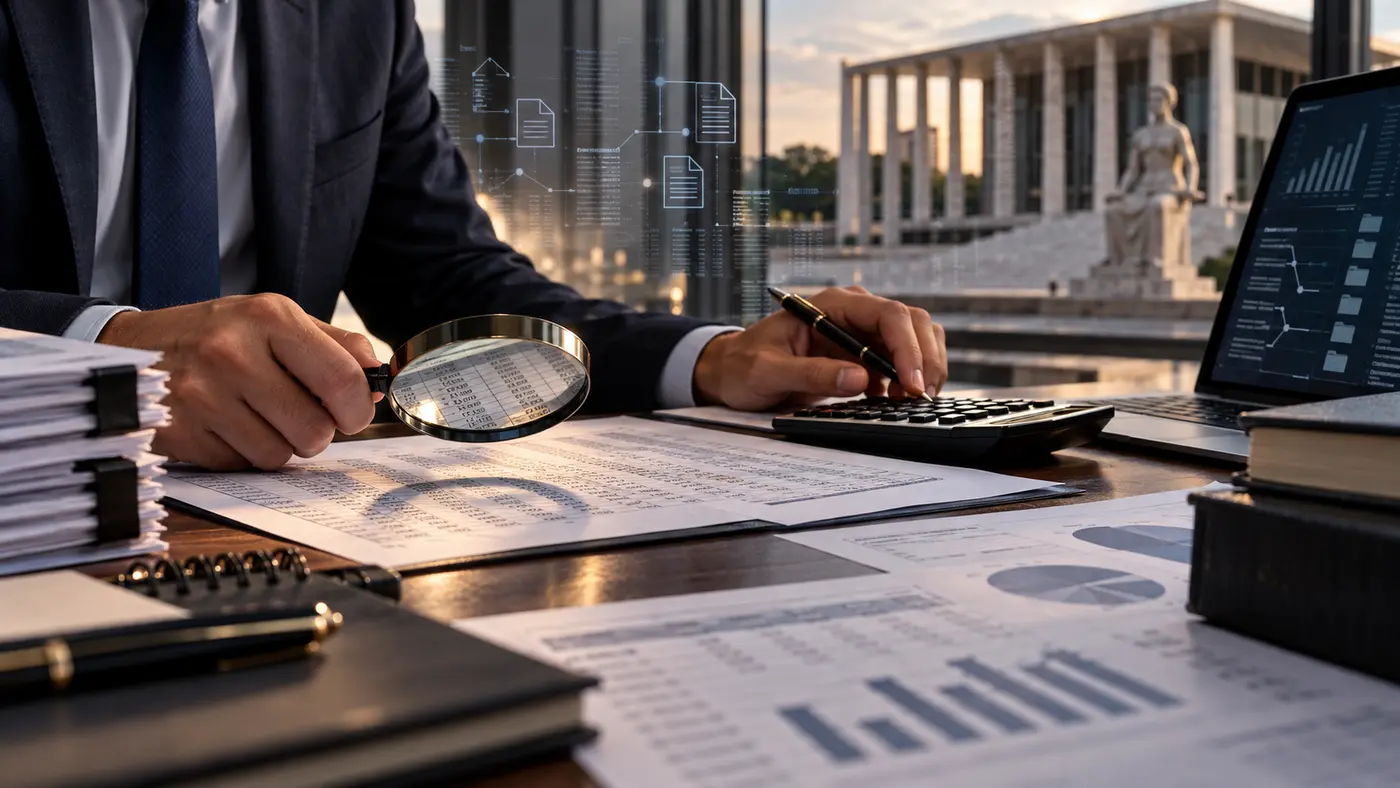 Perito contábil analisa documentos financeiros e trilhas digitais diante de tribunal
