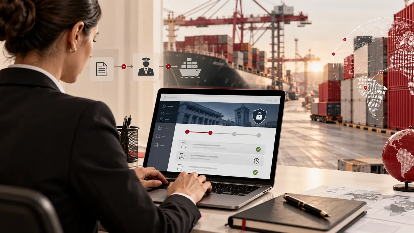 Profissional acompanha atendimento digital aduaneiro em notebook com porto ao fundo