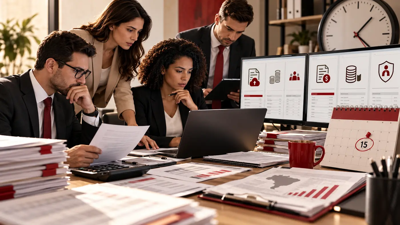 Equipe contábil revisa calendário urgente e escriturações fiscais digitais