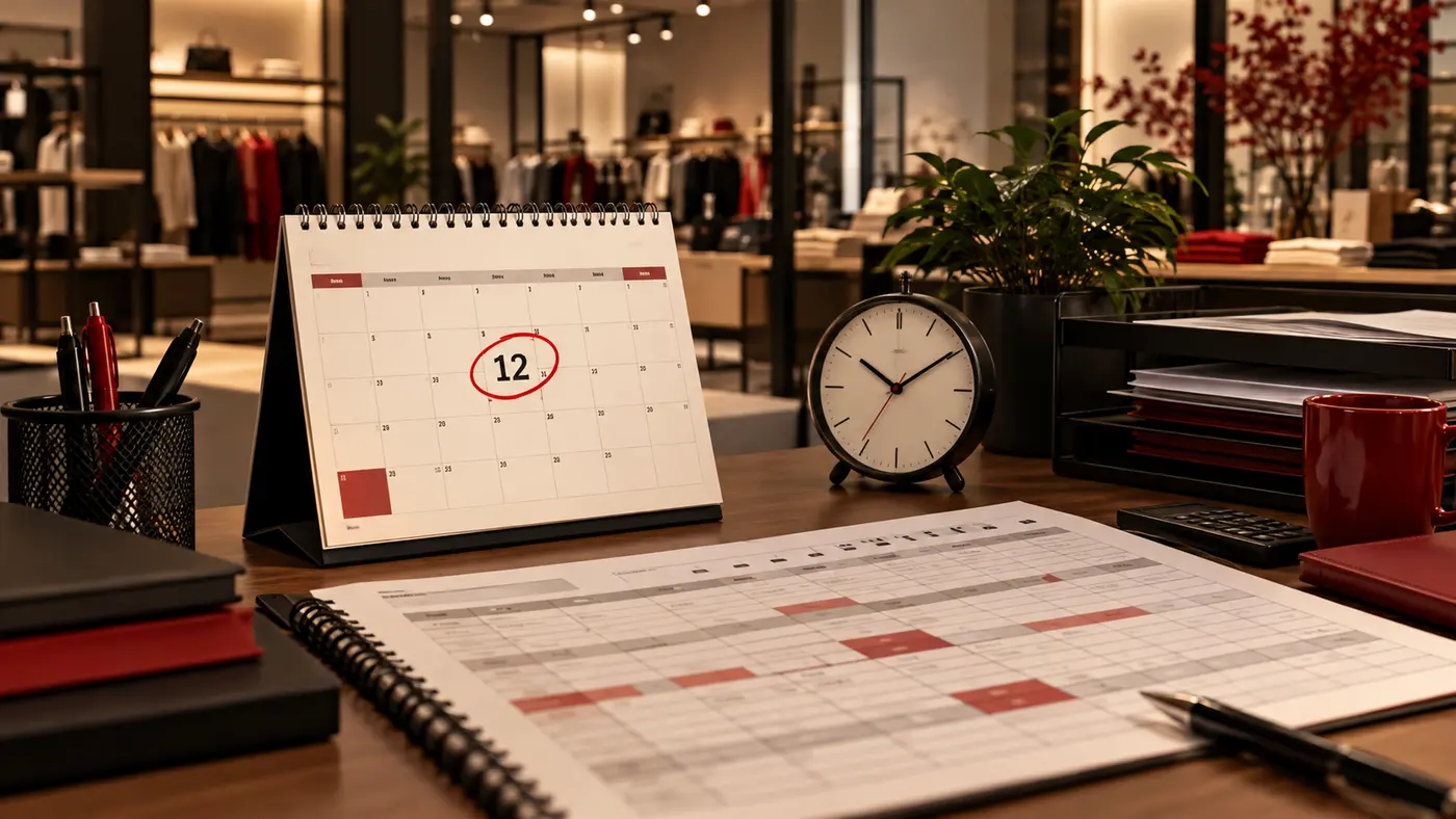 Calendário marcado no dia 12, relógio e planilha de escalas em ambiente comercial