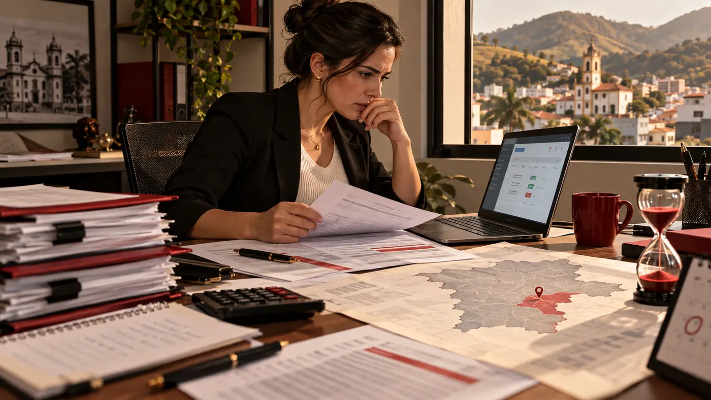 Profissional revisa documentos de FGTS Digital e mapa de Minas Gerais com prazo próximo