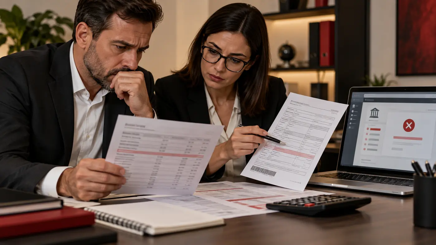 Empresário e contadora conferem extrato bancário e guia de pagamento não processada