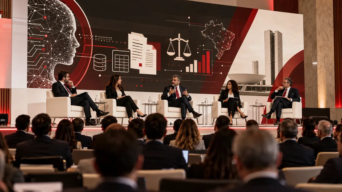 Congresso tributário com painelistas e elementos visuais de inteligência artificial e dados fiscais