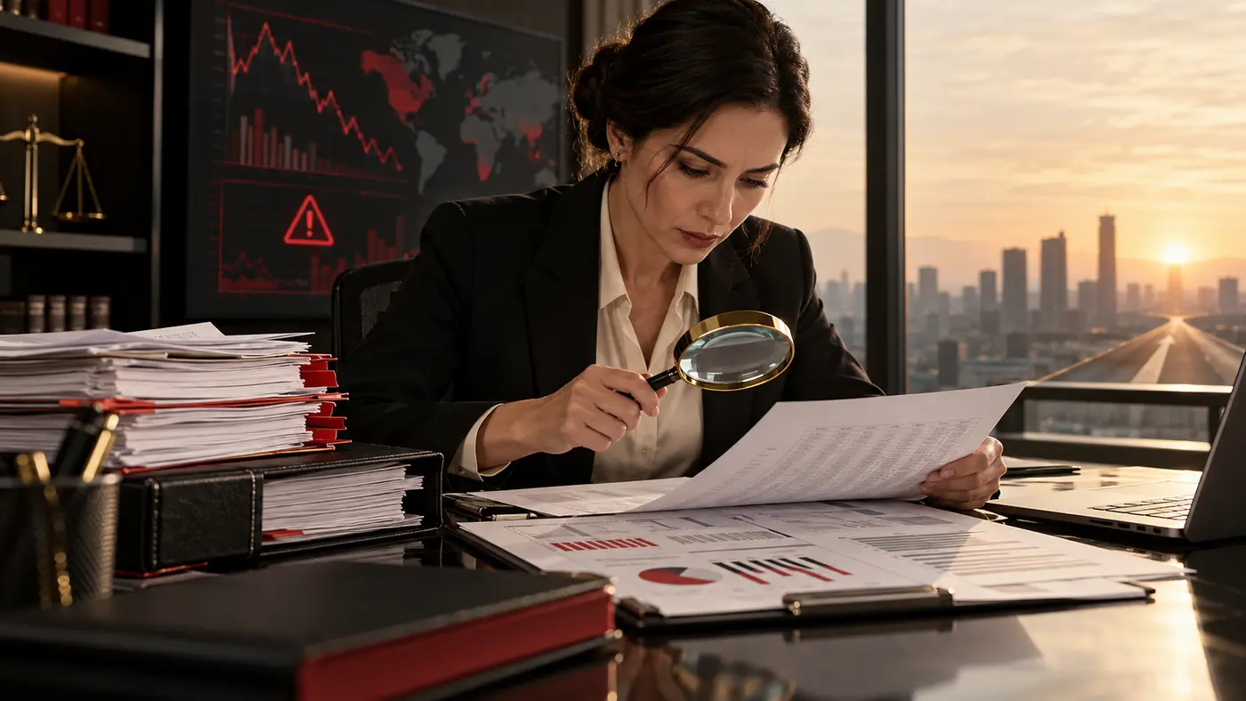 Auditora examina demonstrações contábeis, gráficos de risco e evidências de continuidade