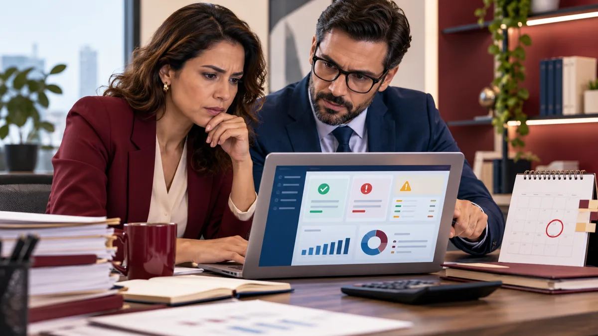 Empresária e contador analisam painel fiscal e calendário com prazo próximo
