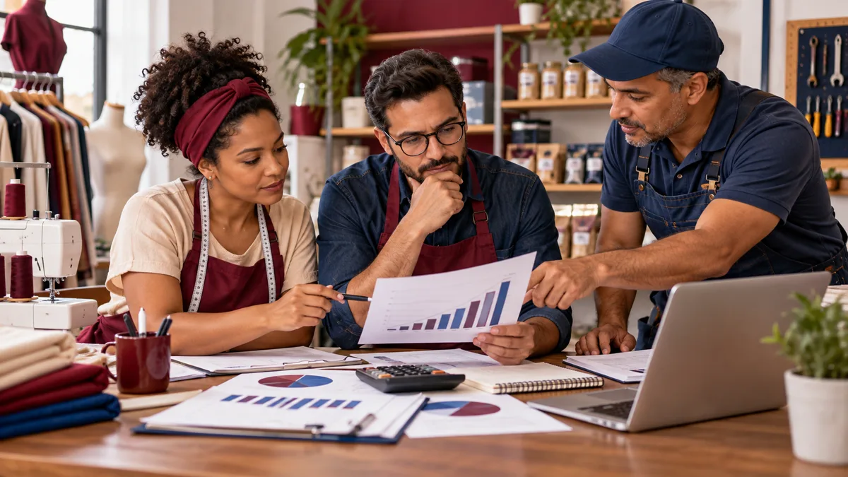 Microempreendedores de diferentes atividades analisam gráficos e documentos