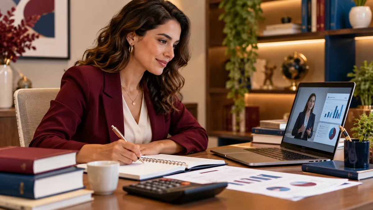 Contadora participa de capacitação online em um escritório