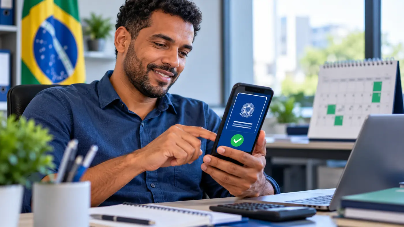 Trabalhador consulta benefício trabalhista pelo celular em um escritório