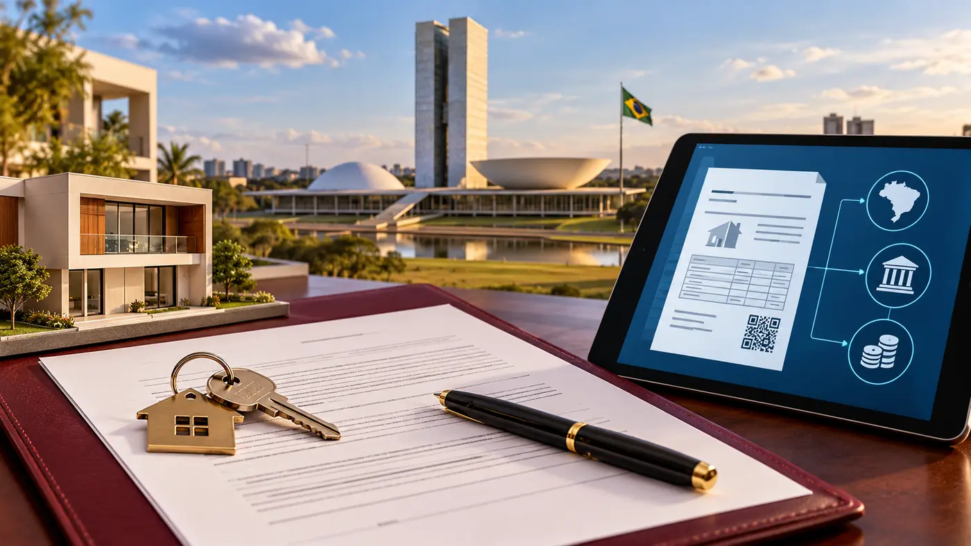 Contrato de imóvel, chaves e nota fiscal eletrônica exibida em tablet