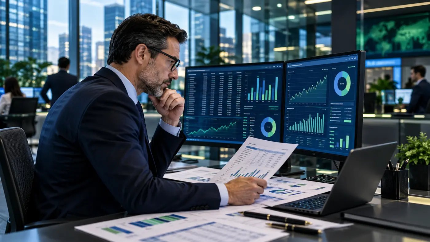 Contador analisa demonstrações financeiras e gráficos em telas